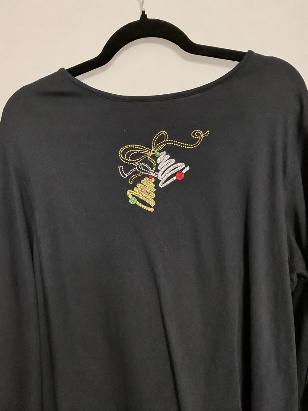 Studio Joy 1X Black Embroidered Christmas Bell Holiday Top